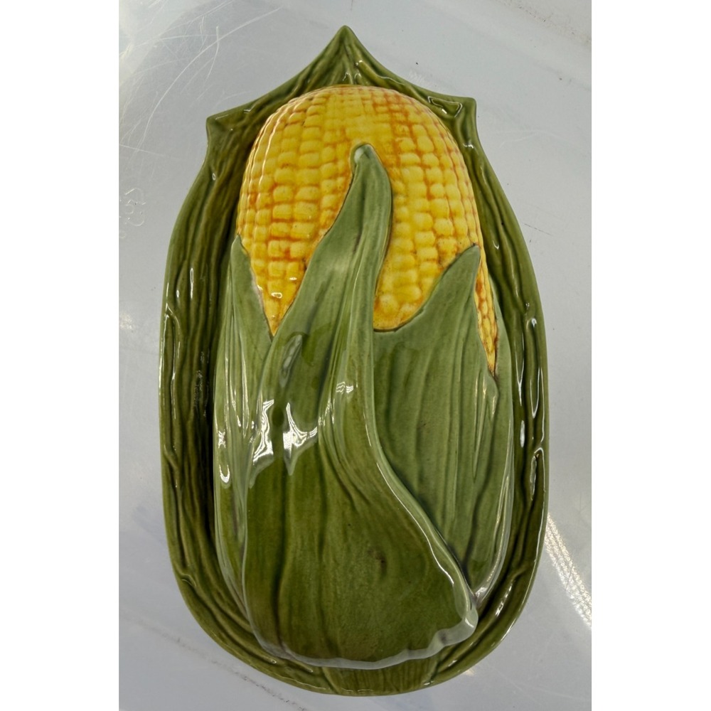 Vintage Corn on the Cob Covered Butter Dish Majolica Style Ceramic Farmhouse 8.5